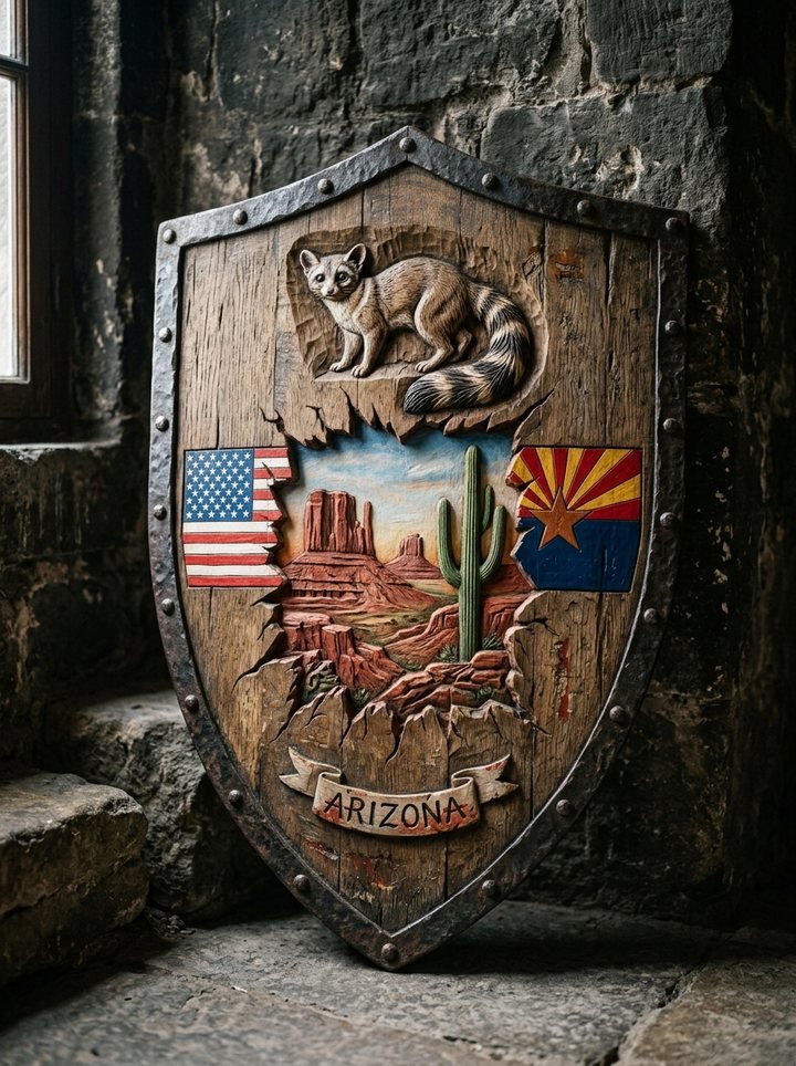 Carved Arizona shield with the state flag sunburst and a ringtail