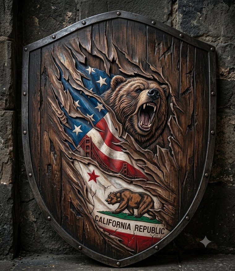 Carved California grizzly shield with the state and U.S. flags