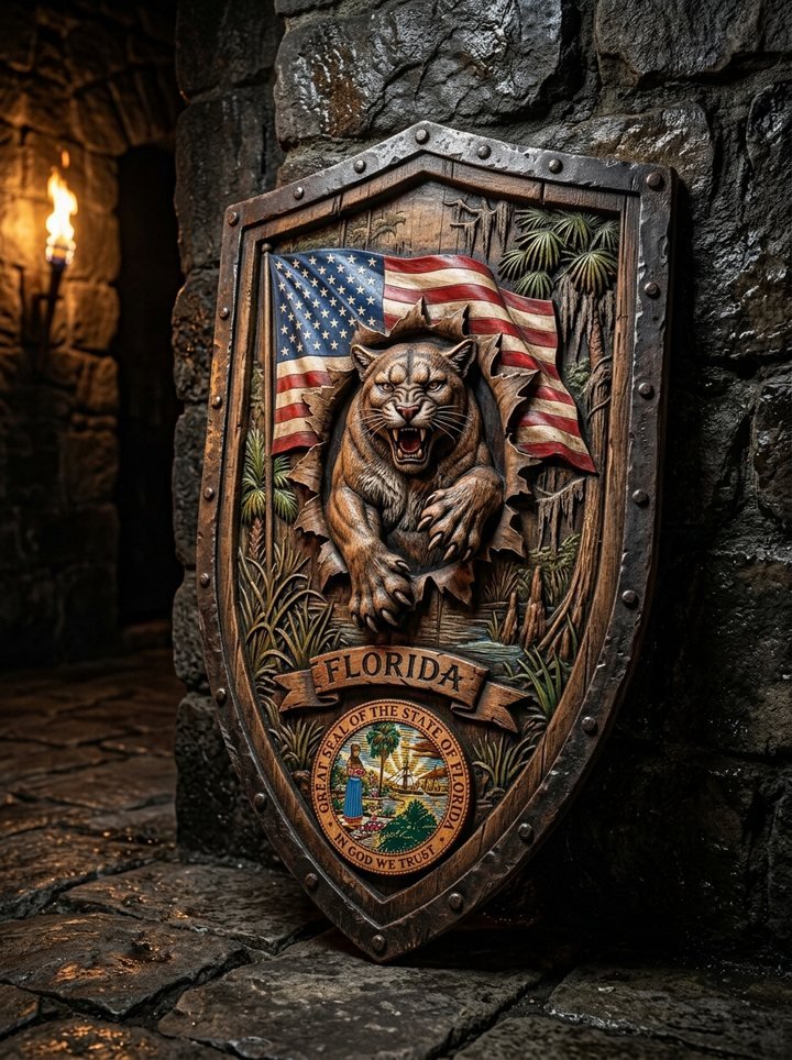 Carved Florida shield with the state and U.S. flags and a Florida panther