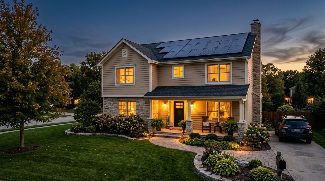 A welcoming suburban home with rooftop solar at dusk