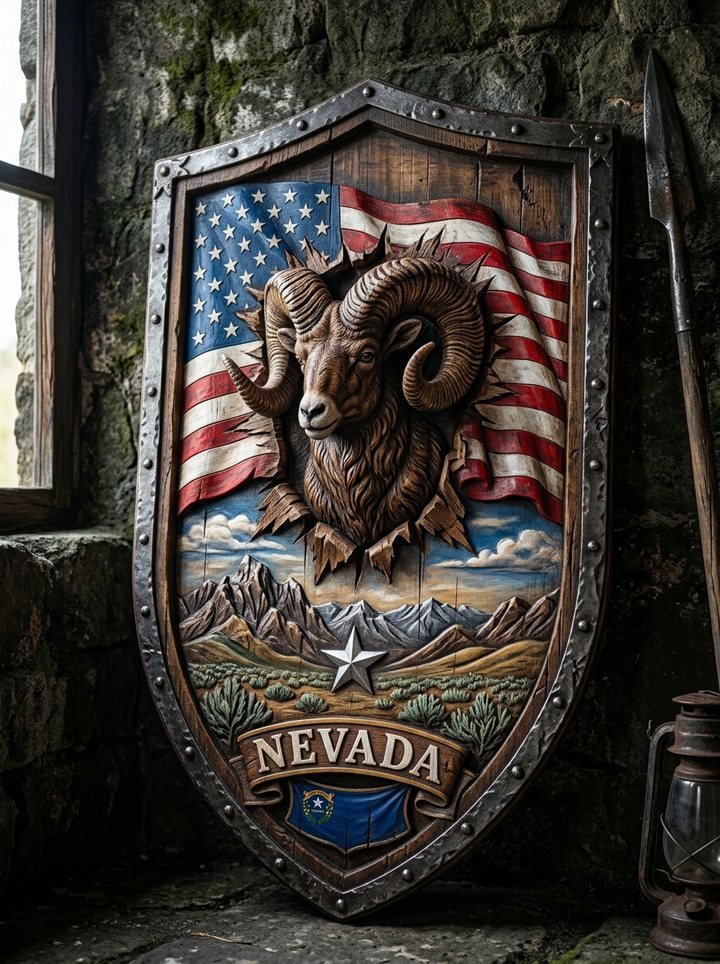 Carved Nevada shield with the state flag and a desert bighorn sheep