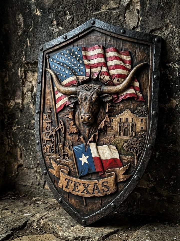 Carved Texas shield with the Lone Star flag and a Texas Longhorn